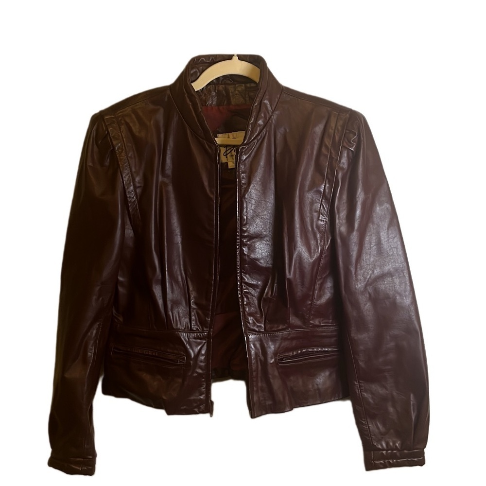 Womens Vintage Made in Korea Burgundy Cropped Leather Jacket Size Small